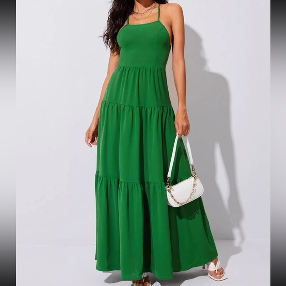 Green lace up back ruffle hem cami maxi dress - Picture 3 of 6